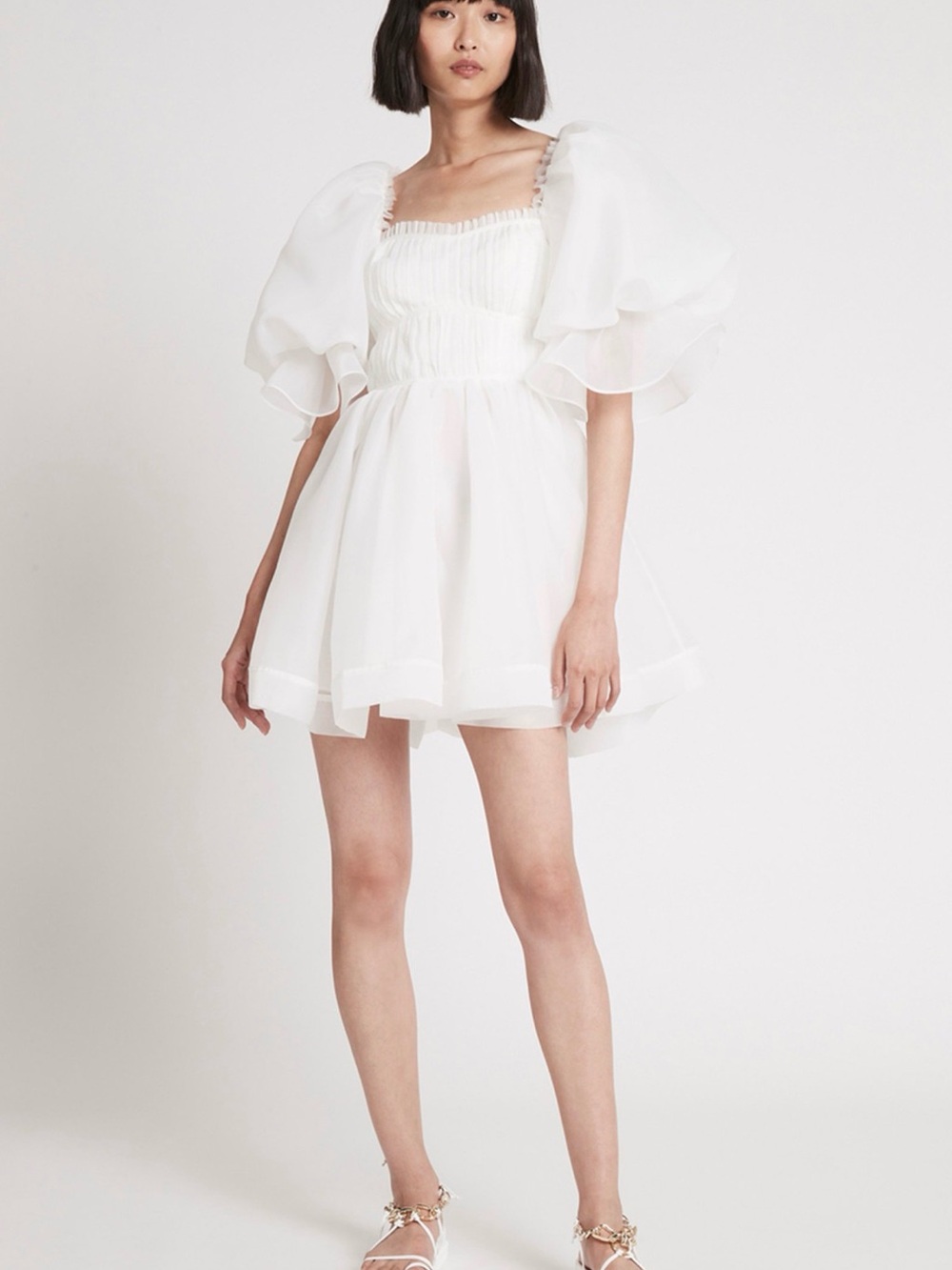 NWT Aje Astrid Tie Back White Organza Puff Sleeve Mini Dress